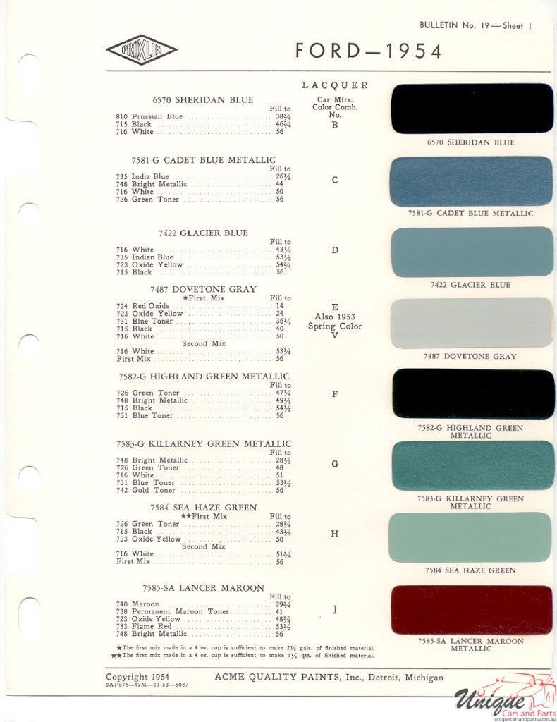 1954 Ford Paint Charts Acme